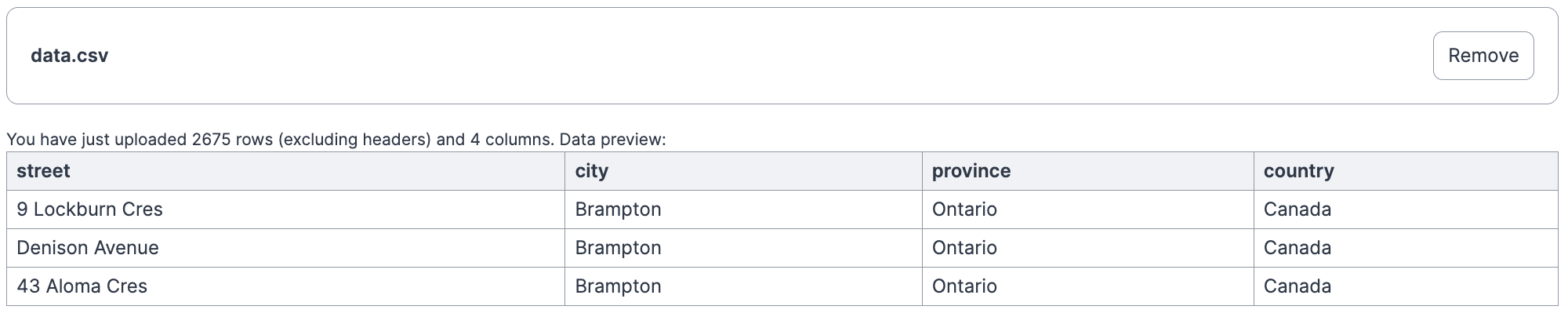 Address Validation tool loaded table