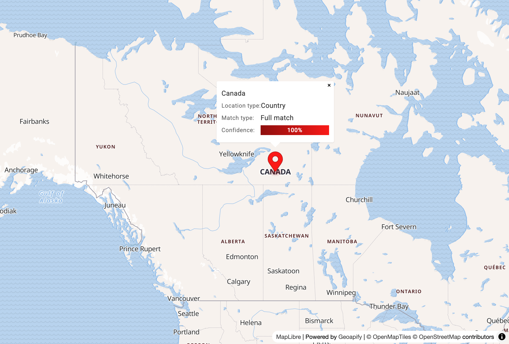 Map result showing geocoded location for 'Canada' as a central point