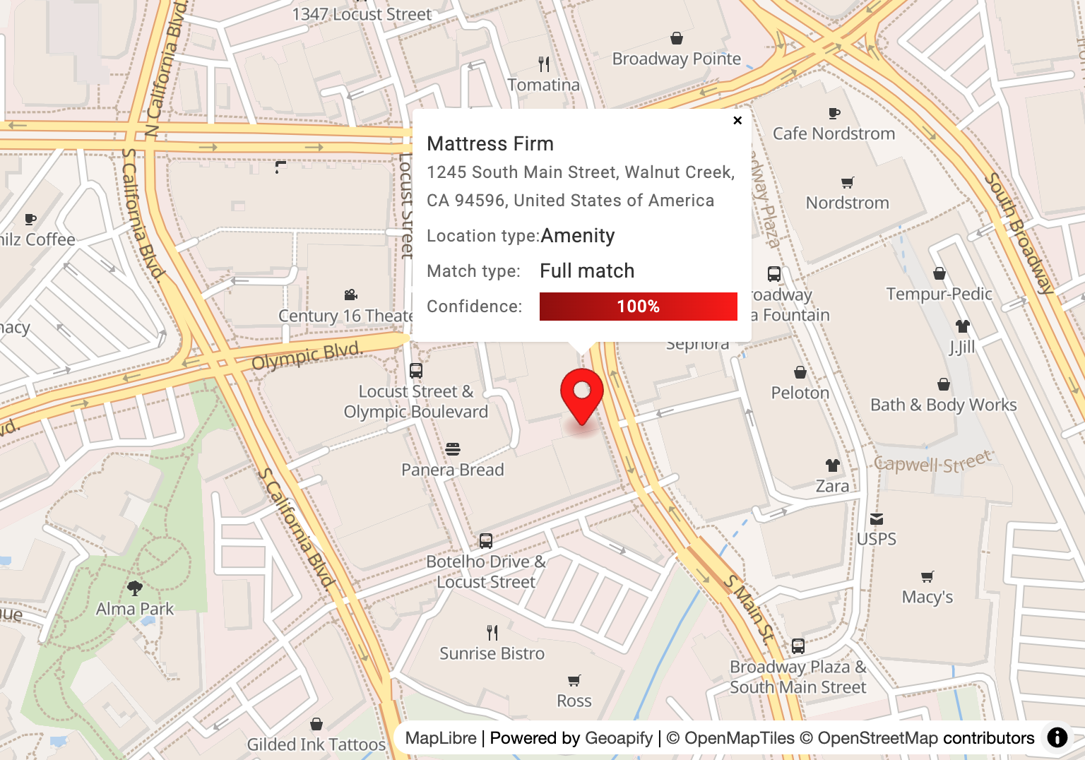 Map showing the result of geocoding a full address with a location pin